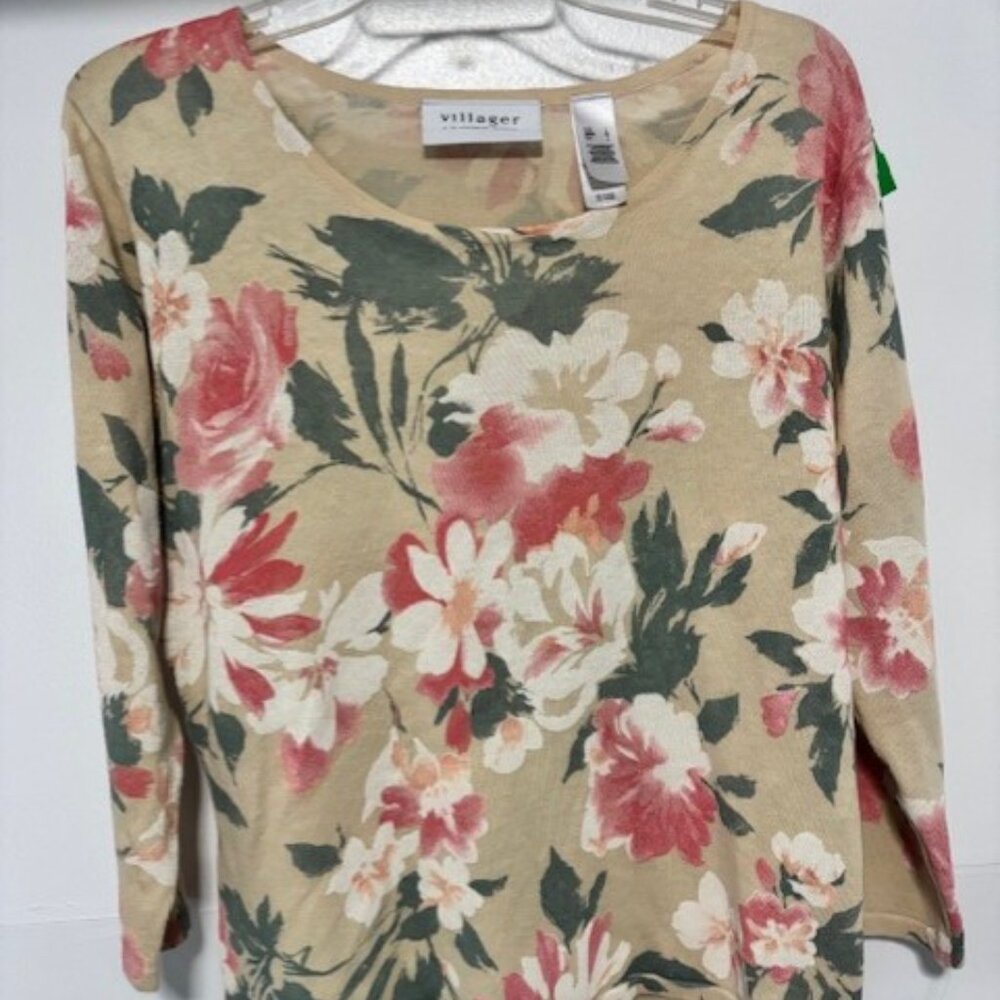 Liz Claiborne Villager Beige Floral Top Long Sleeve Cottagecore Feminine Garden